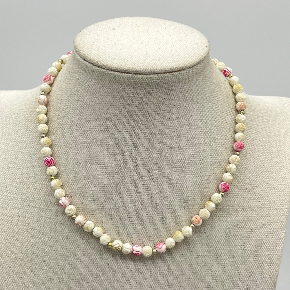 Vintage Rose Bead Necklace Pink Cream Peach Floral Barrel Clasp 14.5 Inch‎